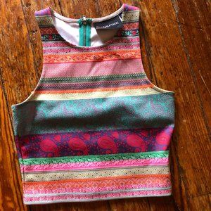 Festival Bright Colorful Crop Top Mock Neck Sz XS